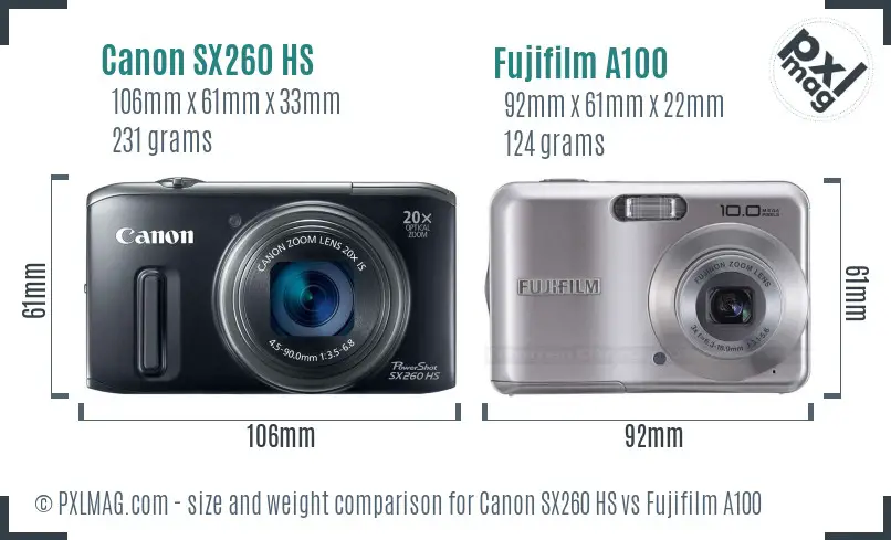 Canon SX260 HS vs Fujifilm A100 size comparison