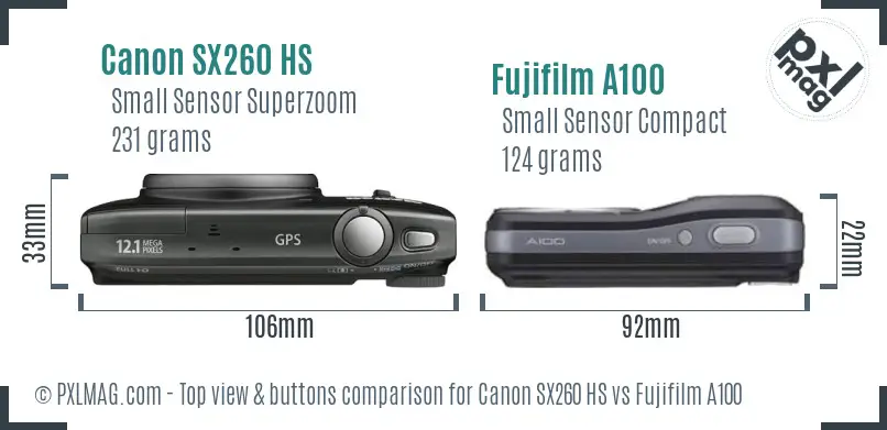 Canon SX260 HS vs Fujifilm A100 top view buttons comparison