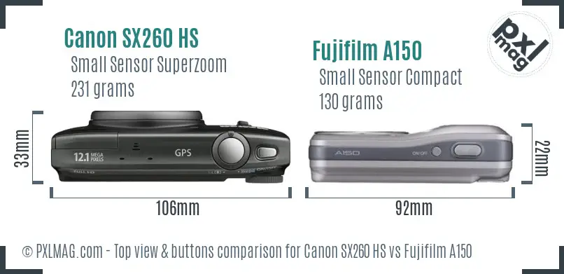 Canon SX260 HS vs Fujifilm A150 top view buttons comparison
