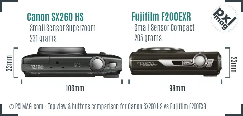 Canon SX260 HS vs Fujifilm F200EXR top view buttons comparison