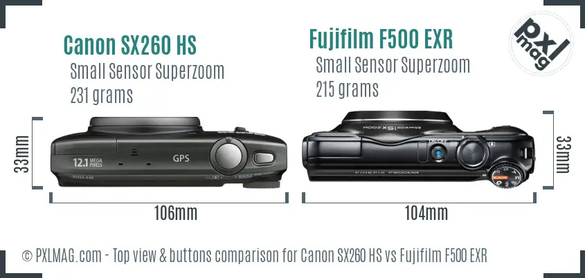 Canon SX260 HS vs Fujifilm F500 EXR top view buttons comparison