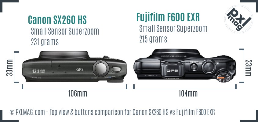 Canon SX260 HS vs Fujifilm F600 EXR top view buttons comparison