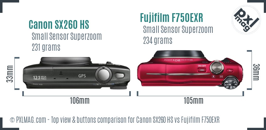 Canon SX260 HS vs Fujifilm F750EXR top view buttons comparison