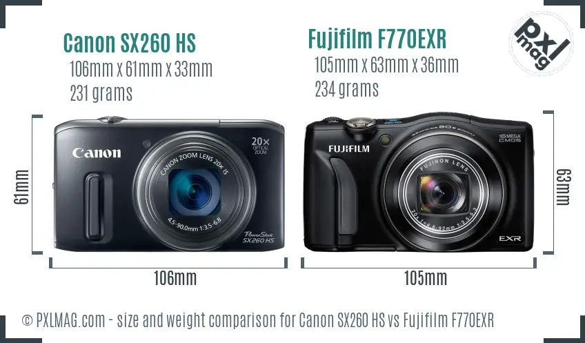 Canon SX260 HS vs Fujifilm F770EXR size comparison