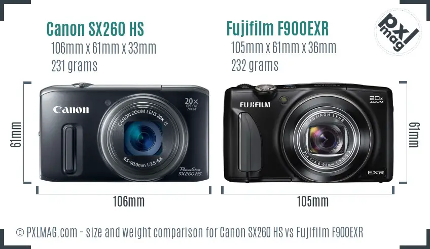 Canon SX260 HS vs Fujifilm F900EXR size comparison