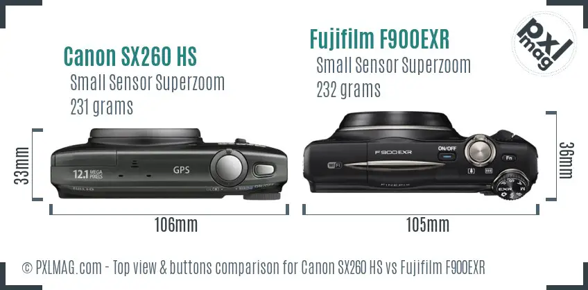 Canon SX260 HS vs Fujifilm F900EXR top view buttons comparison