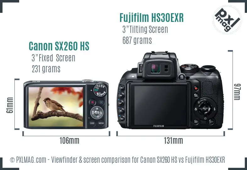 Canon SX260 HS vs Fujifilm HS30EXR Screen and Viewfinder comparison