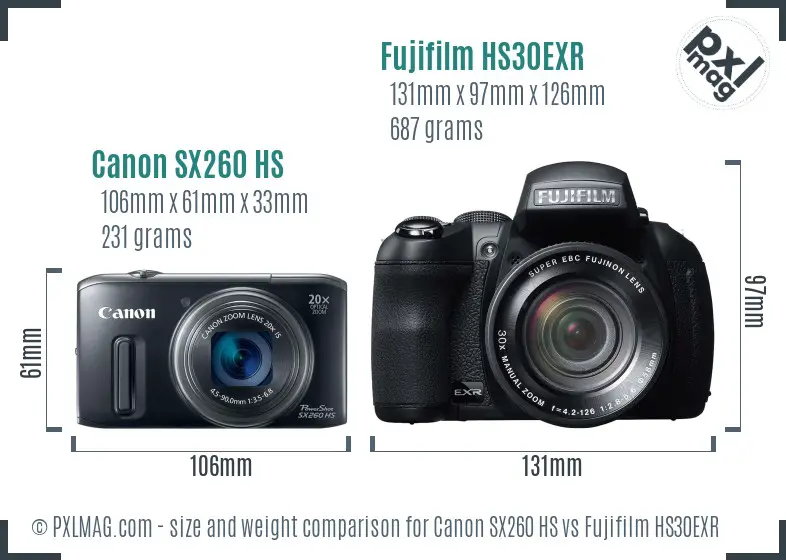 Canon SX260 HS vs Fujifilm HS30EXR size comparison