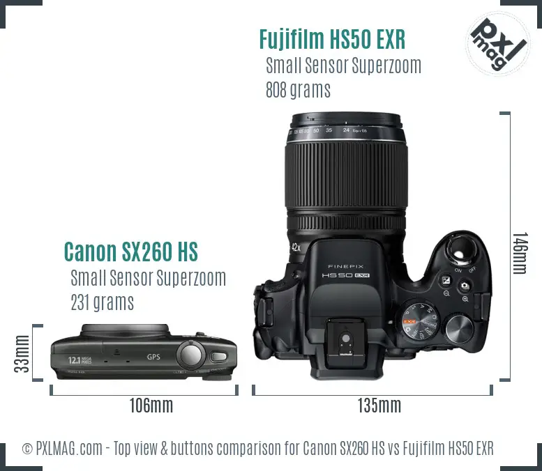 Canon SX260 HS vs Fujifilm HS50 EXR top view buttons comparison Canon SX260 HS vs Fujifilm HS50 EXR top view buttons comparison
