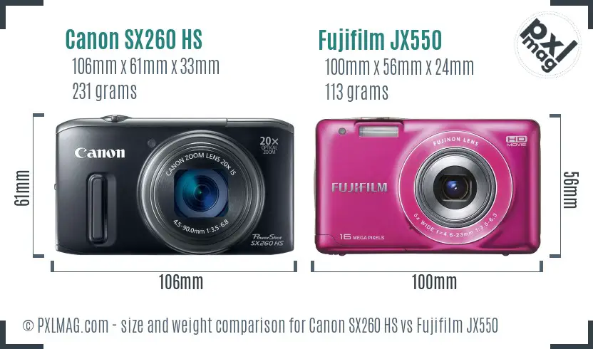 Canon SX260 HS vs Fujifilm JX550 size comparison