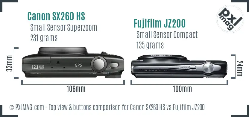 Canon SX260 HS vs Fujifilm JZ200 top view buttons comparison Canon SX260 HS vs Fujifilm JZ200 top view buttons comparison