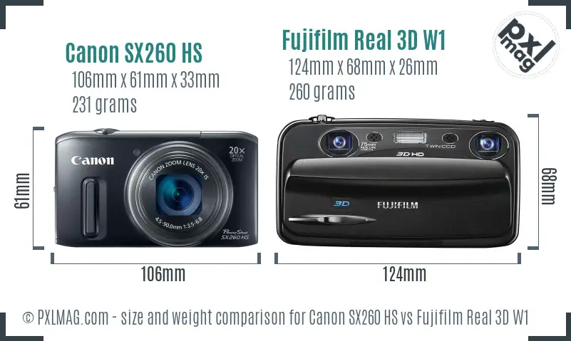Canon SX260 HS vs Fujifilm Real 3D W1 size comparison