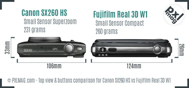 Canon SX260 HS vs Fujifilm Real 3D W1 top view buttons comparison