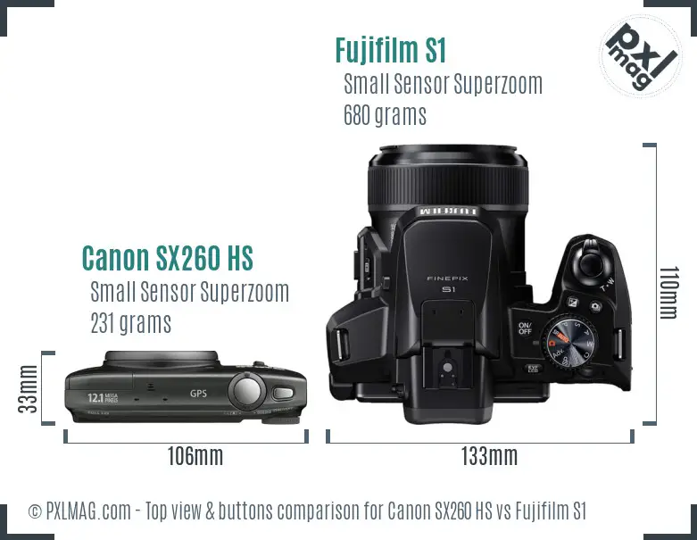 Canon SX260 HS vs Fujifilm S1 top view buttons comparison