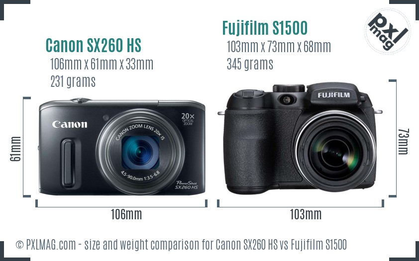 Canon SX260 HS vs Fujifilm S1500 size comparison