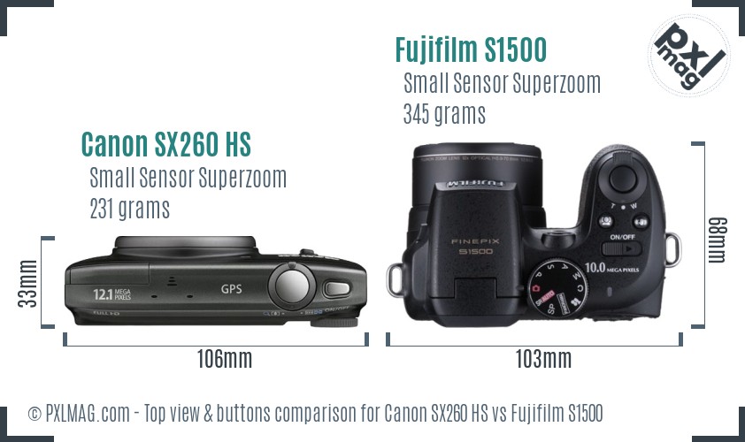 Canon SX260 HS vs Fujifilm S1500 top view buttons comparison