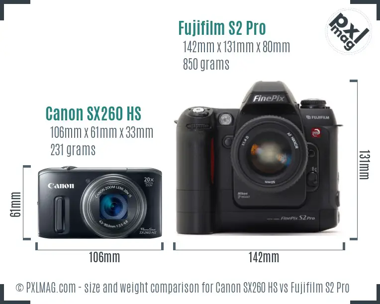 Canon SX260 HS vs Fujifilm S2 Pro size comparison