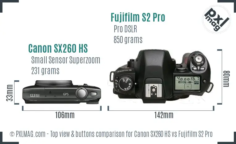 Canon SX260 HS vs Fujifilm S2 Pro top view buttons comparison