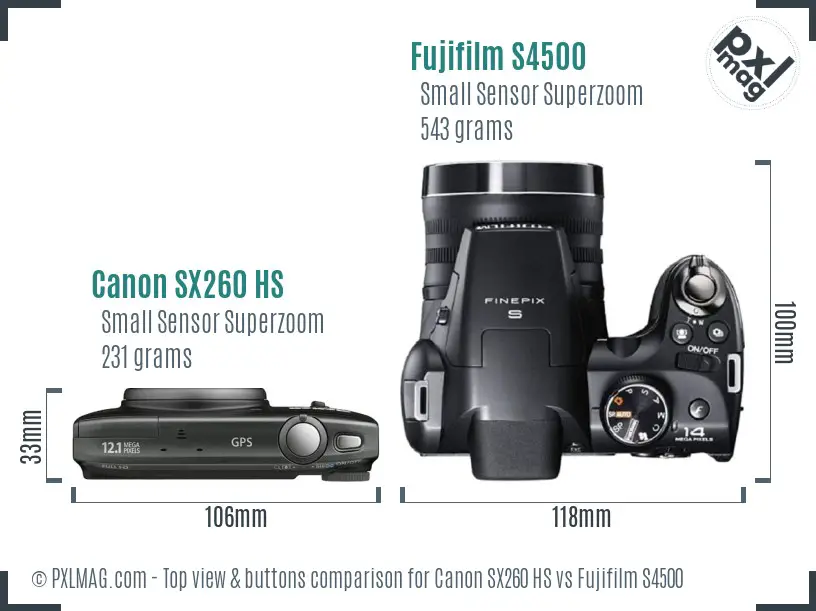 Canon SX260 HS vs Fujifilm S4500 top view buttons comparison Canon SX260 HS vs Fujifilm S4500 top view buttons comparison