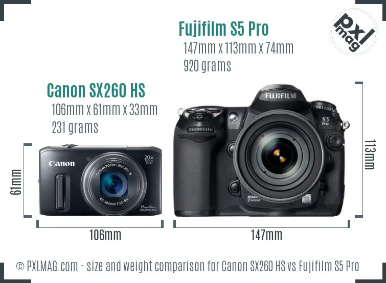 Canon SX260 HS vs Fujifilm S5 Pro size comparison