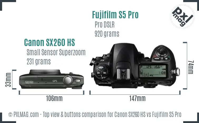 Canon SX260 HS vs Fujifilm S5 Pro top view buttons comparison