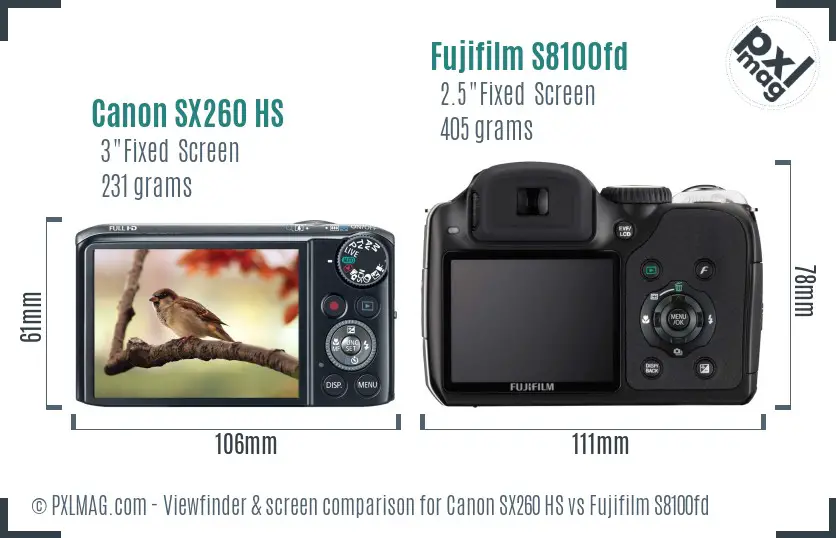 Canon SX260 HS vs Fujifilm S8100fd Screen and Viewfinder comparison