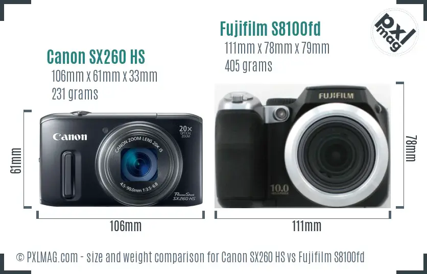 Canon SX260 HS vs Fujifilm S8100fd size comparison