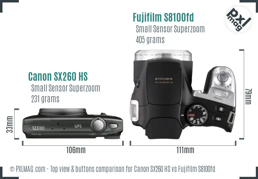 Canon SX260 HS vs Fujifilm S8100fd top view buttons comparison