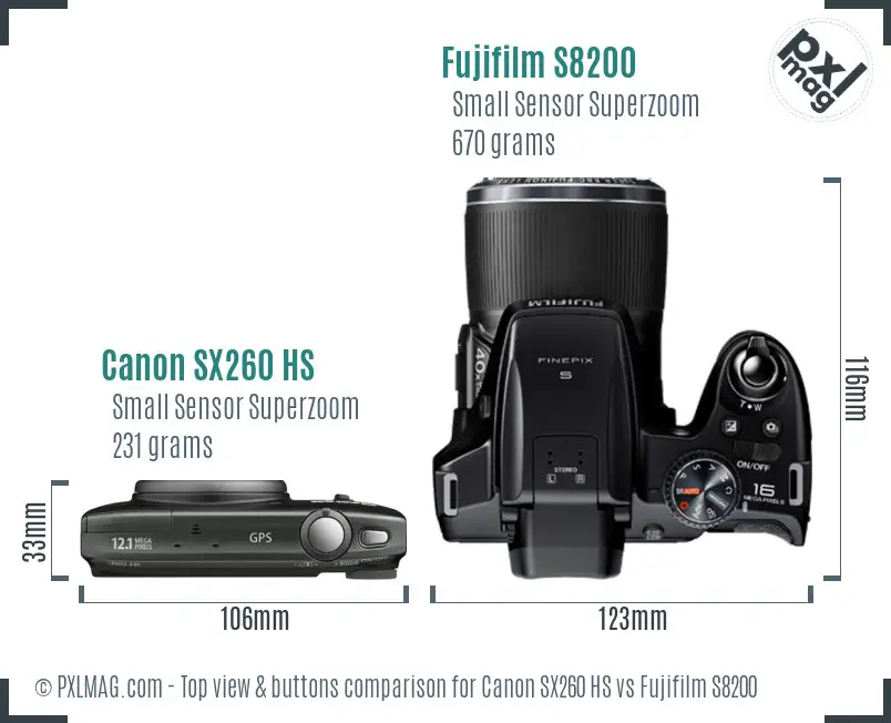 Canon SX260 HS vs Fujifilm S8200 top view buttons comparison