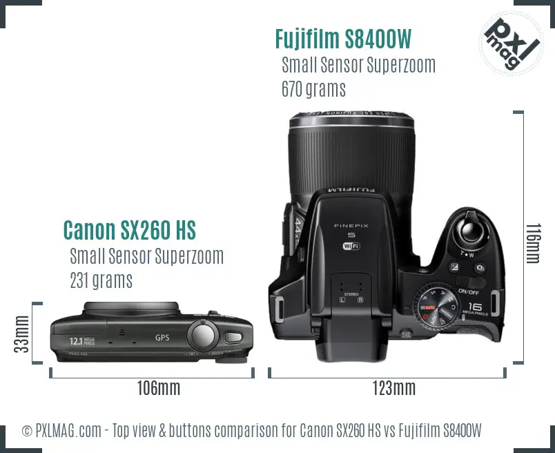 Canon SX260 HS vs Fujifilm S8400W top view buttons comparison