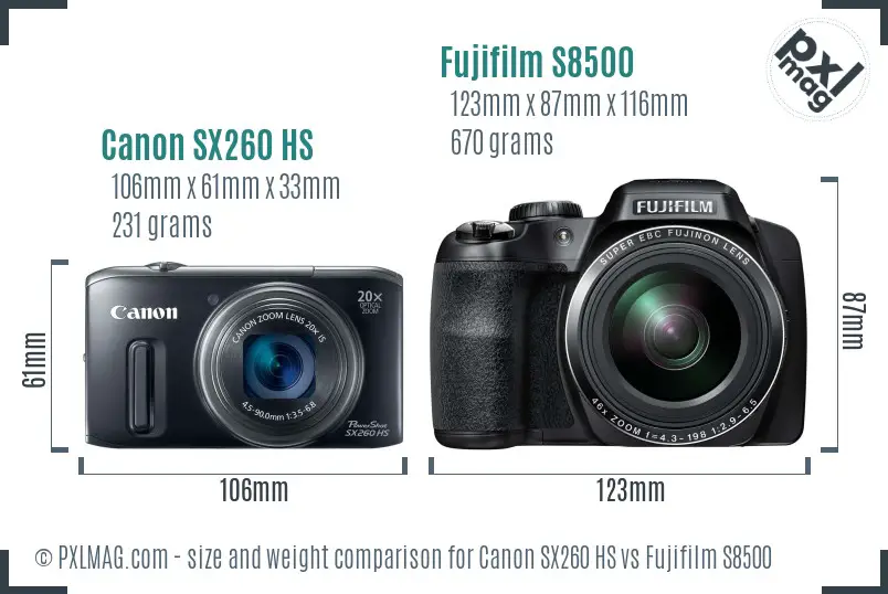 Canon SX260 HS vs Fujifilm S8500 size comparison