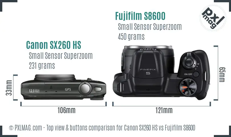 Canon SX260 HS vs Fujifilm S8600 top view buttons comparison Canon SX260 HS vs Fujifilm S8600 top view buttons comparison