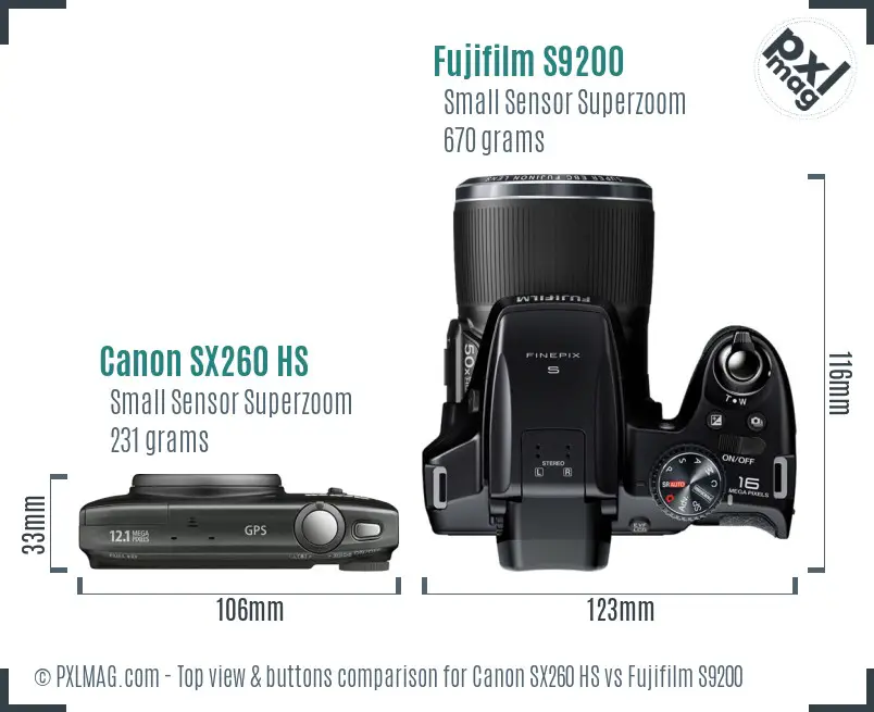 Canon SX260 HS vs Fujifilm S9200 top view buttons comparison Canon SX260 HS vs Fujifilm S9200 top view buttons comparison
