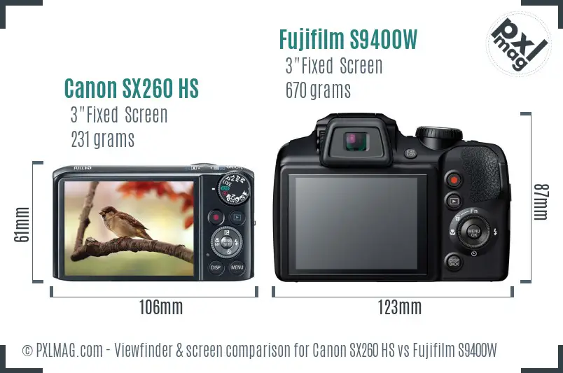 Canon SX260 HS vs Fujifilm S9400W Screen and Viewfinder comparison