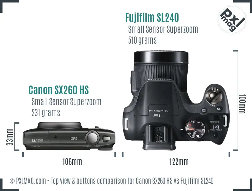 Canon SX260 HS vs Fujifilm SL240 top view buttons comparison