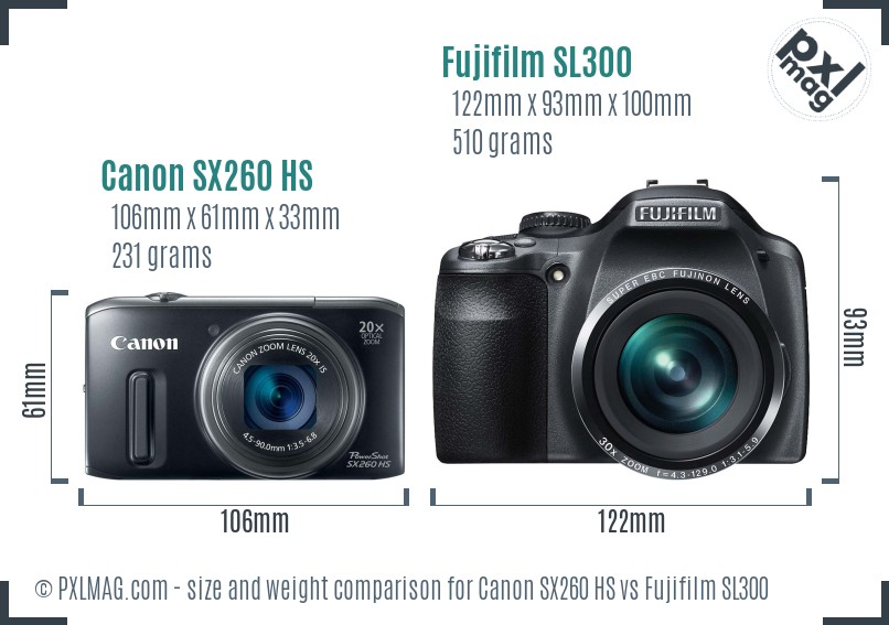 Canon SX260 HS vs Fujifilm SL300 size comparison