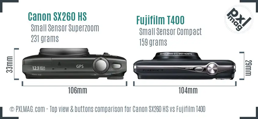 Canon SX260 HS vs Fujifilm T400 top view buttons comparison Canon SX260 HS vs Fujifilm T400 top view buttons comparison