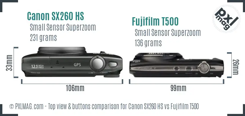 Canon SX260 HS vs Fujifilm T500 top view buttons comparison