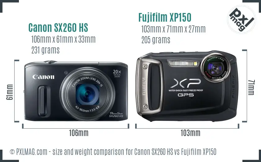 Canon SX260 HS vs Fujifilm XP150 size comparison