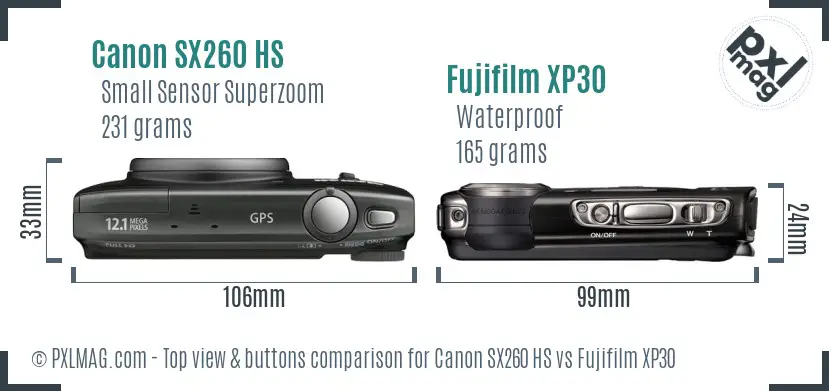 Canon SX260 HS vs Fujifilm XP30 top view buttons comparison Canon SX260 HS vs Fujifilm XP30 top view buttons comparison