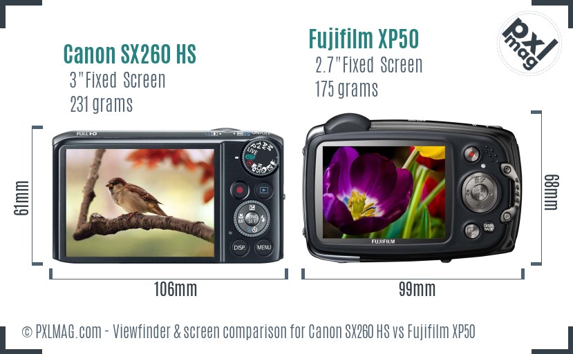 Canon SX260 HS vs Fujifilm XP50 Screen and Viewfinder comparison