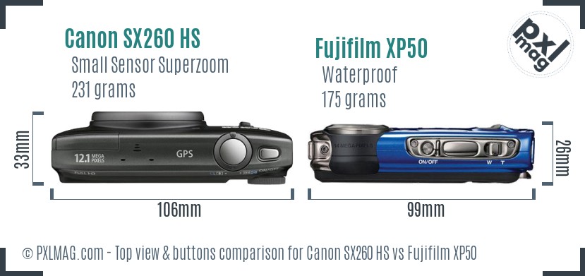 Canon SX260 HS vs Fujifilm XP50 top view buttons comparison