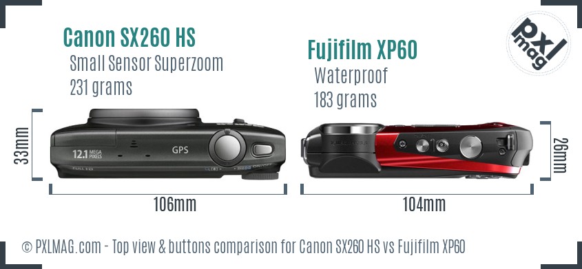 Canon SX260 HS vs Fujifilm XP60 top view buttons comparison
