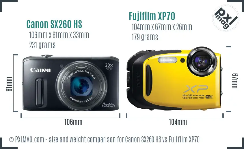 Canon SX260 HS vs Fujifilm XP70 size comparison