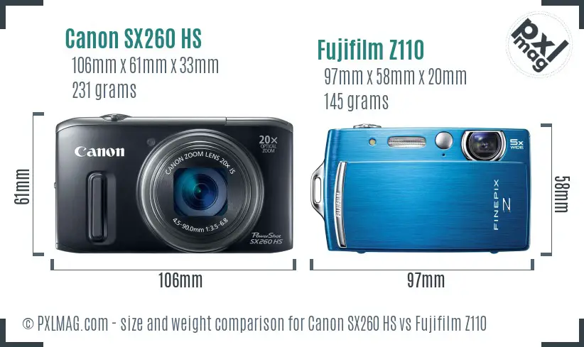 Canon SX260 HS vs Fujifilm Z110 size comparison