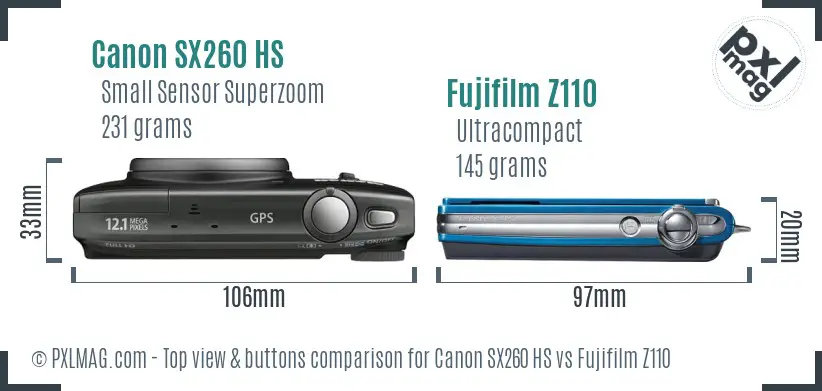 Canon SX260 HS vs Fujifilm Z110 top view buttons comparison