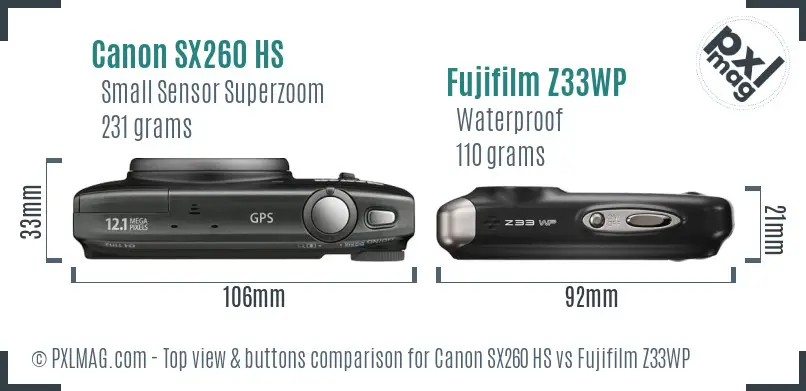 Canon SX260 HS vs Fujifilm Z33WP top view buttons comparison
