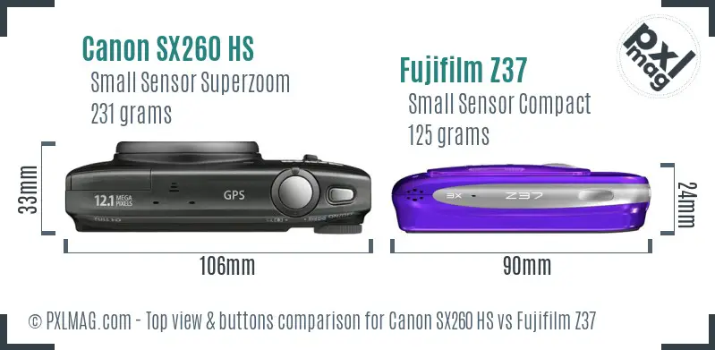 Canon SX260 HS vs Fujifilm Z37 top view buttons comparison Canon SX260 HS vs Fujifilm Z37 top view buttons comparison