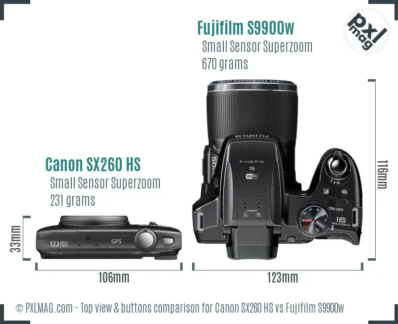 Canon SX260 HS vs Fujifilm S9900w top view buttons comparison