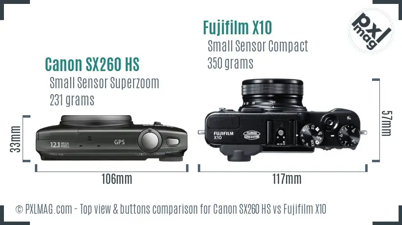 Canon SX260 HS vs Fujifilm X10 top view buttons comparison
